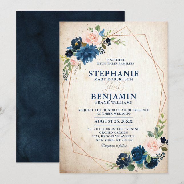 Navy Blue Blush Pink Rose Boho Geometric Wedding Invitation (Front/Back)