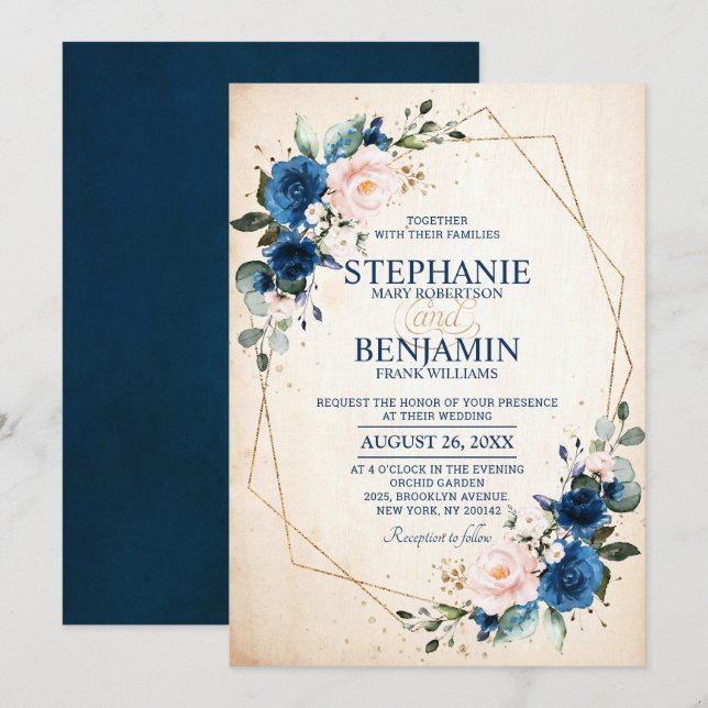 Navy Blue Blush Pink Rose Boho Geometric Wedding Invitation (Front/Back)