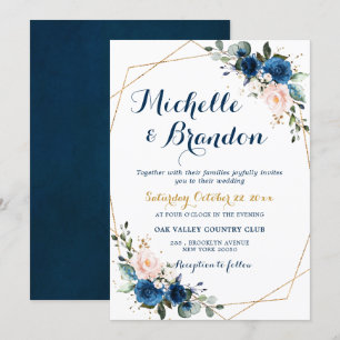 Navy Blue Blush Pink Rose Boho Geometric Wedding Invitation