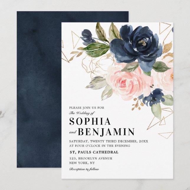 Navy Blue Blush Pink Rose Boho Geometric Wedding Invitation (Front/Back)