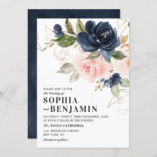 Navy Blue Blush Pink Rose Boho Geometric Wedding Invitation