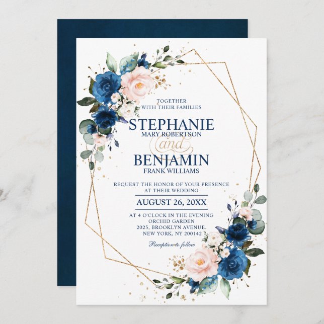 Navy Blue Blush Pink Rose Boho Geometric Wedding Invitation (Front/Back)
