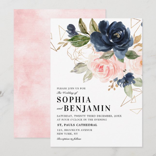 Navy Blue Blush Pink Rose Boho Geometric Wedding Invitation (Front/Back)