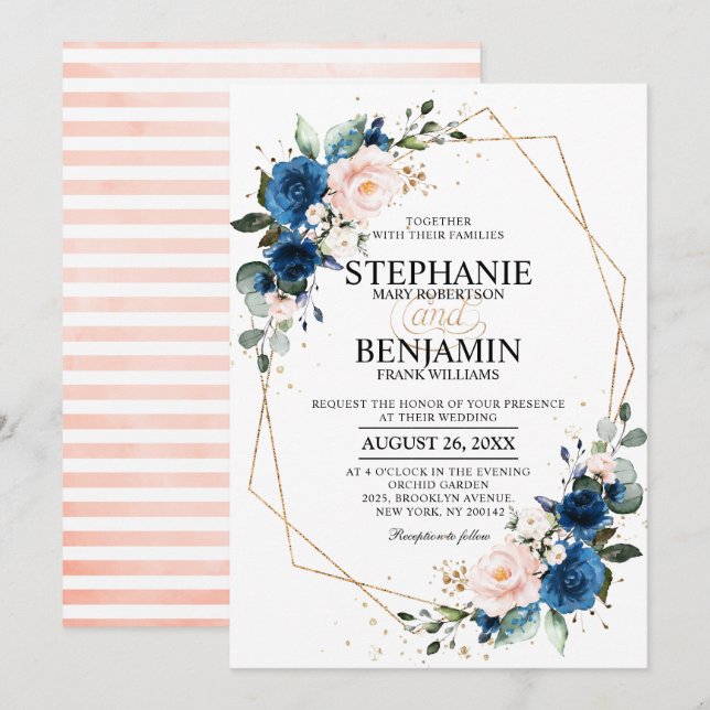 Navy Blue Blush Pink Rose Boho Geometric Wedding Invitation (Front/Back)