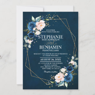 Navy Blue Blush Pink Rose Boho Geometric Wedding Invitation