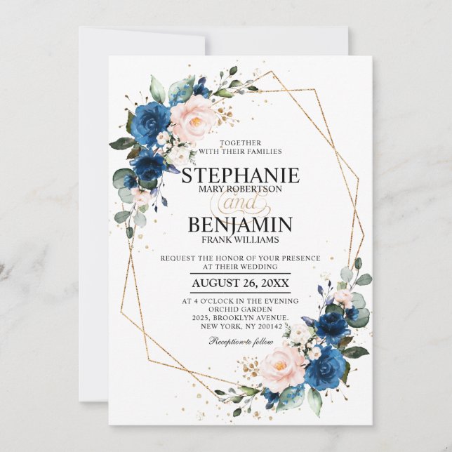 Navy Blue Blush Pink Rose Boho Geometric Wedding Invitation (Front)