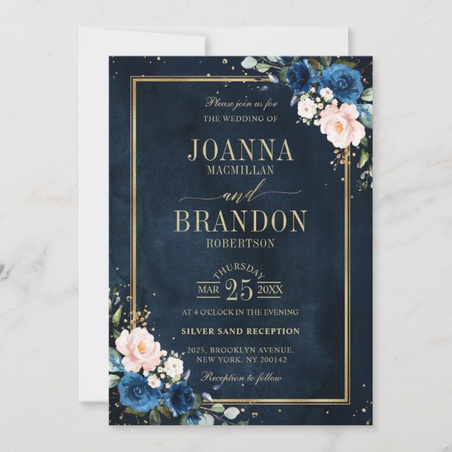 Navy Blue Blush Pink Rose Boho Geometric Wedding Invitation (Front)