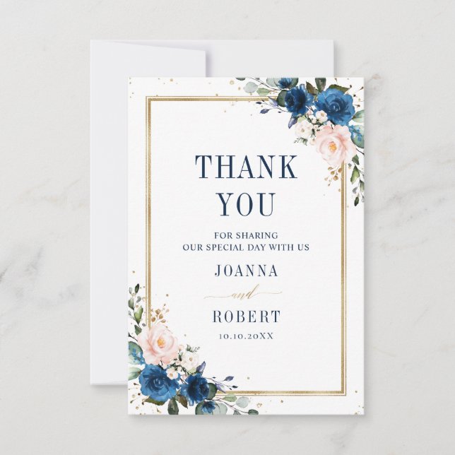 Navy Blue Blush Pink Rose Boho Geometric Wedding Thank You Card (Front)