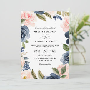 Navy Blue Blush Pink Rose Boho QR Code Wedding Invitation