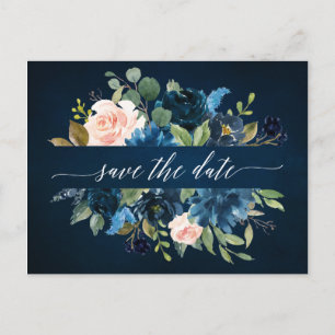 Navy Blue Blush Pink Rose Boho Save the Date Announcement Postcard
