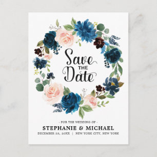 Navy Blue Blush Pink Rose Boho Save the Date Announcement Postcard