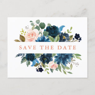 Navy Blue Blush Pink Rose Boho Save the Date Announcement Postcard