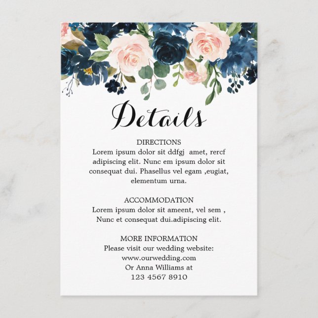 Navy Blue Blush Pink Rose Boho Wedding Details Enclosure Card (Front)