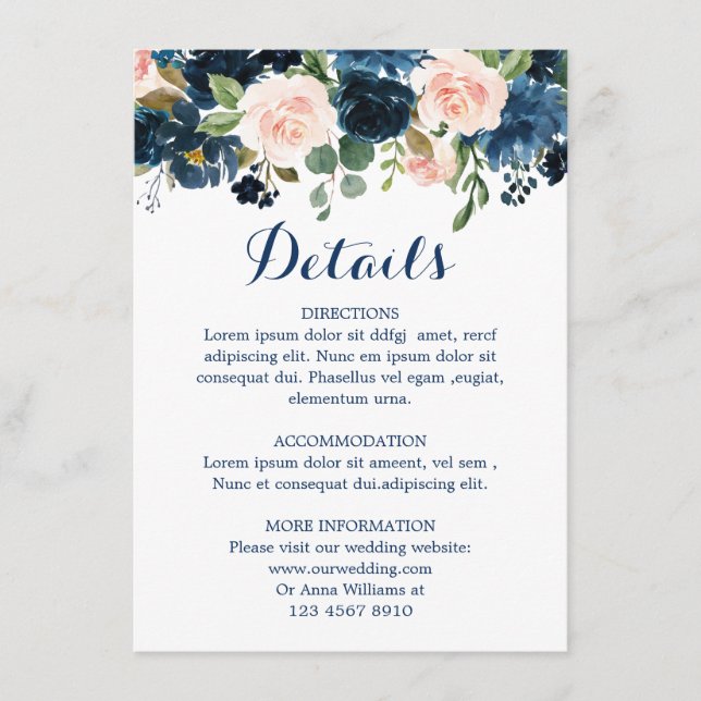 Navy Blue Blush Pink Rose Boho Wedding Details Enclosure Card (Front)