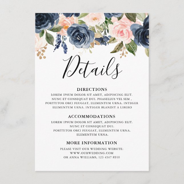 Navy Blue Blush Pink Rose Boho Wedding Details Enclosure Card (Front)