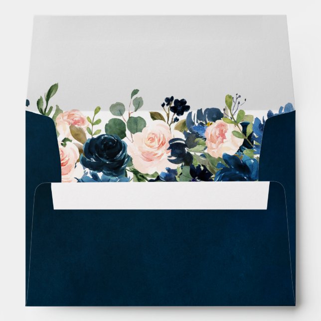 Navy Blue Blush Pink Rose Boho Wedding Envelope (Back (Bottom))