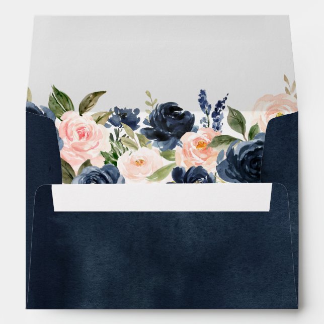 Navy Blue Blush Pink Rose Boho Wedding Envelope (Back (Bottom))