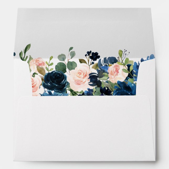 Navy Blue Blush Pink Rose Boho Wedding Envelope (Back (Bottom))