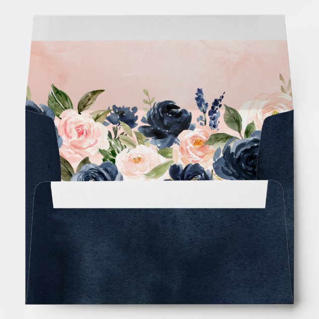 Navy Blue Blush Pink Rose Boho Wedding Envelope (Back (Bottom))