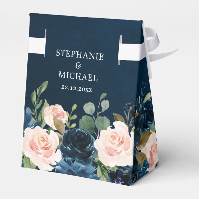 Navy Blue Blush Pink Rose Boho Wedding Favour Box (Back Side)