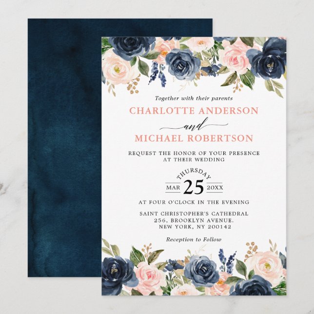 Navy Blue Blush Pink Rose Boho Wedding Invitation (Front/Back)