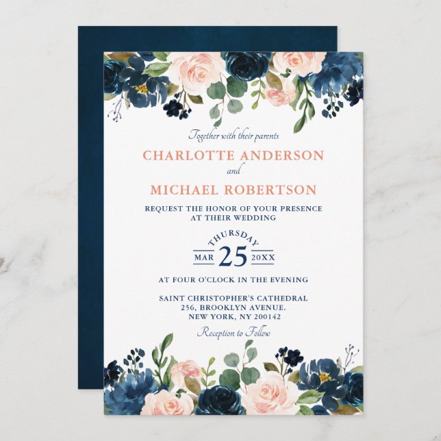Navy Blue Blush Pink Rose Boho Wedding Invitation (Front/Back)