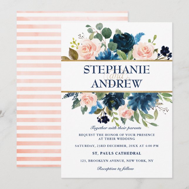 Navy Blue Blush Pink Rose Boho Wedding Invitation (Front/Back)