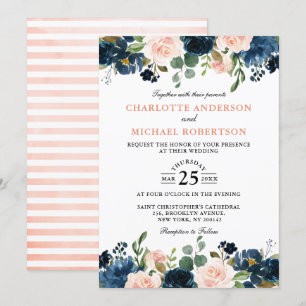 Navy Blue Blush Pink Rose Boho Wedding Invitation