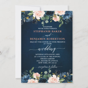 Navy Blue Blush Pink Rose Boho Wedding Invitation