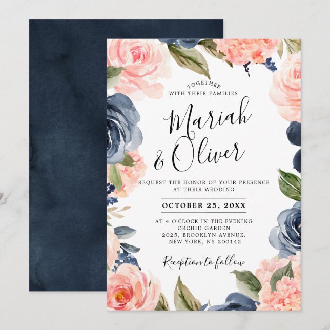 Navy Blue Blush Pink Rose Boho Wedding Invitation (Front/Back)