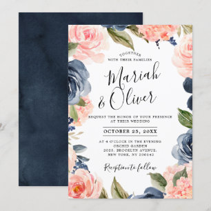 Navy Blue Blush Pink Rose Boho Wedding Invitation