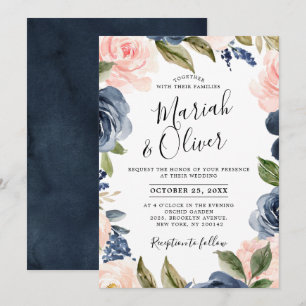 Navy Blue Blush Pink Rose Boho Wedding Invitation