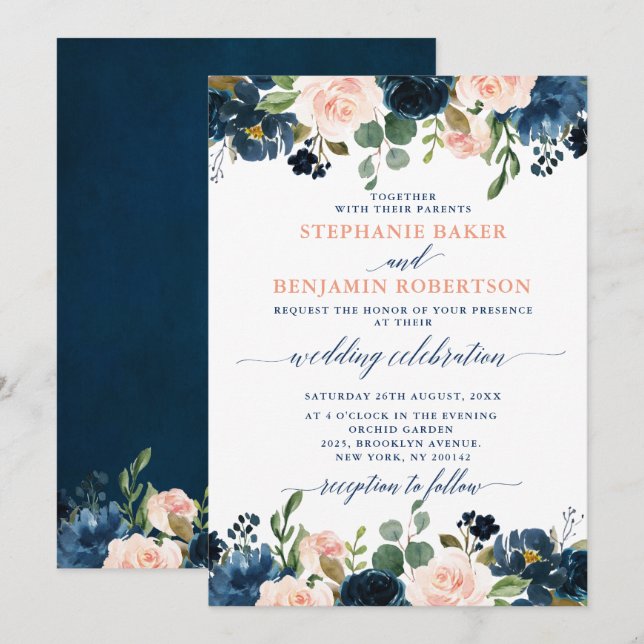 Navy Blue Blush Pink Rose Boho Wedding Invitation (Front/Back)