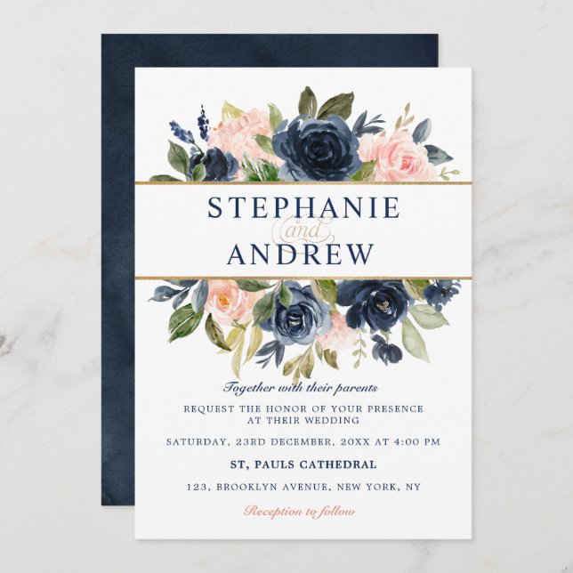Navy Blue Blush Pink Rose Boho Wedding Invitation (Front/Back)