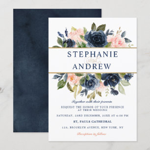Navy Blue Blush Pink Rose Boho Wedding Invitation