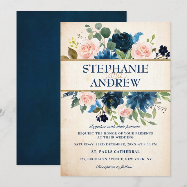 Navy Blue Blush Pink Rose Boho Wedding Invitation (Front/Back)