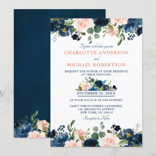 Navy Blue Blush Pink Rose Boho Wedding Invitation
