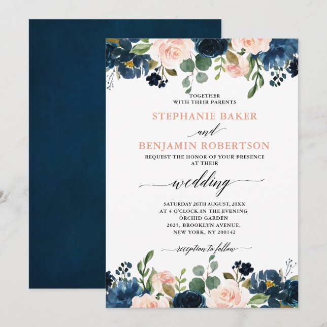 Navy Blue Blush Pink Rose Boho Wedding Invitation (Front/Back)