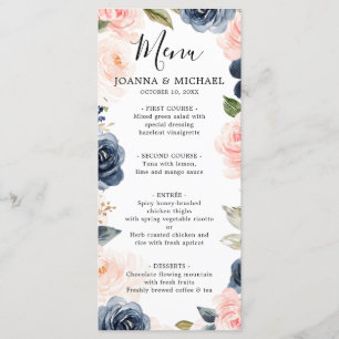Navy Blue Blush Pink Rose Boho Wedding Menu