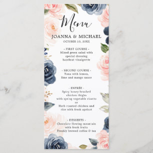 Navy Blue Blush Pink Rose Boho Wedding Menu