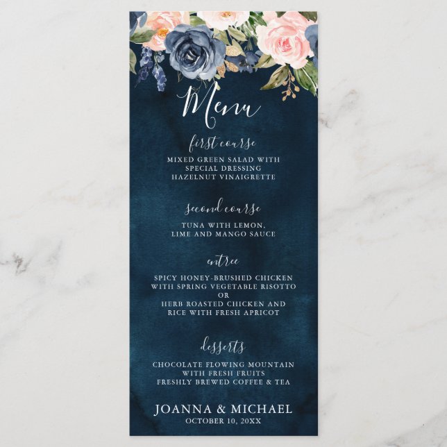 Navy Blue Blush Pink Rose Boho Wedding Menu (Front)