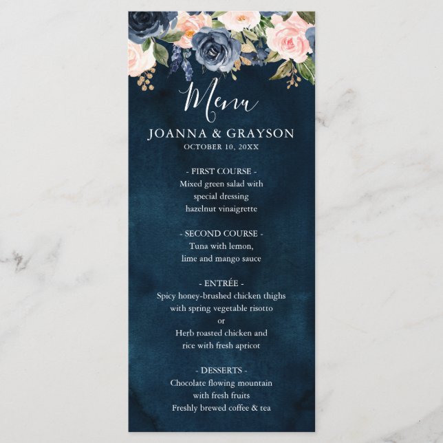 Navy Blue Blush Pink Rose Boho Wedding Menu (Front)