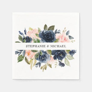 Navy Blue Blush Pink Rose Boho Wedding Napkin