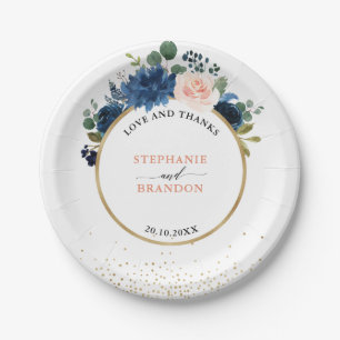 Navy Blue Blush Pink Rose Boho Wedding Paper Plate