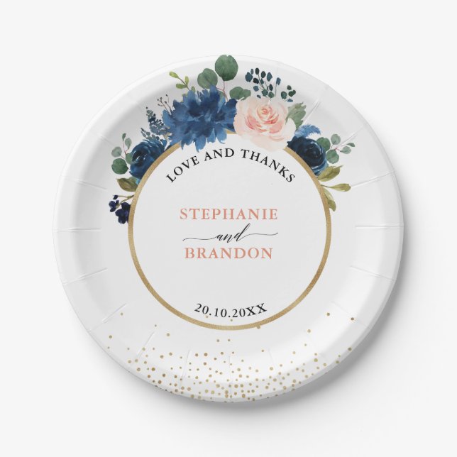 Navy Blue Blush Pink Rose Boho Wedding Paper Plate (Front)
