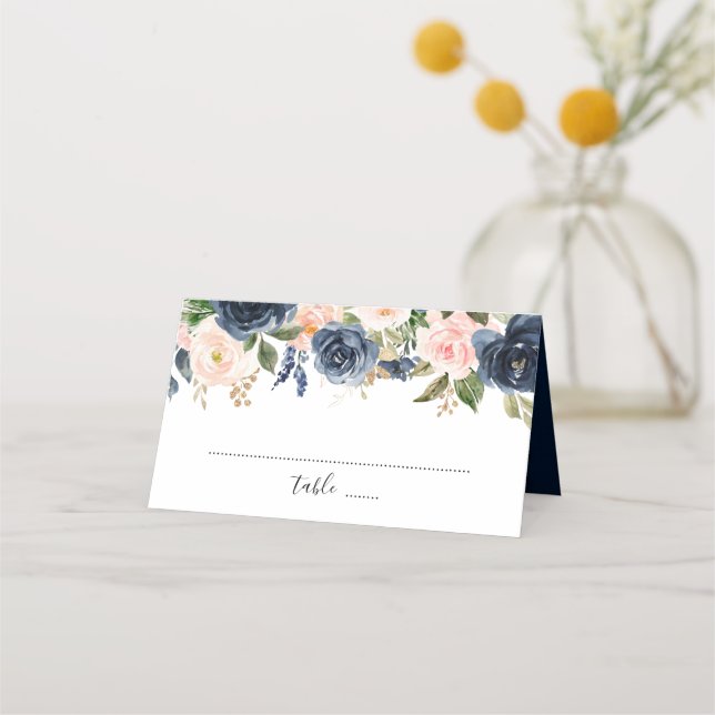 Navy Blue Blush Pink Rose Boho Wedding Place Card (Front)