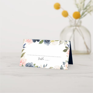 Navy Blue Blush Pink Rose Boho Wedding Place Card