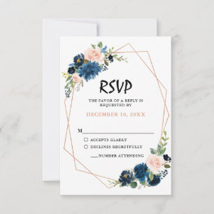 Navy Blue Blush Pink Rose Boho Wedding RSVP Card