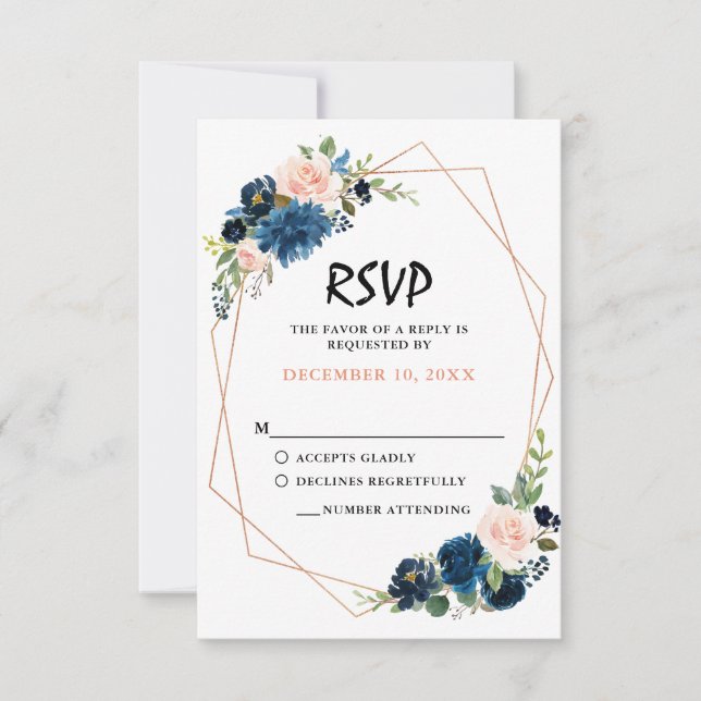 Navy Blue Blush Pink Rose Boho Wedding RSVP Card (Front)