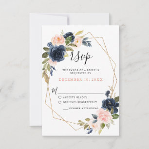 Navy Blue Blush Pink Rose Boho Wedding RSVP Card